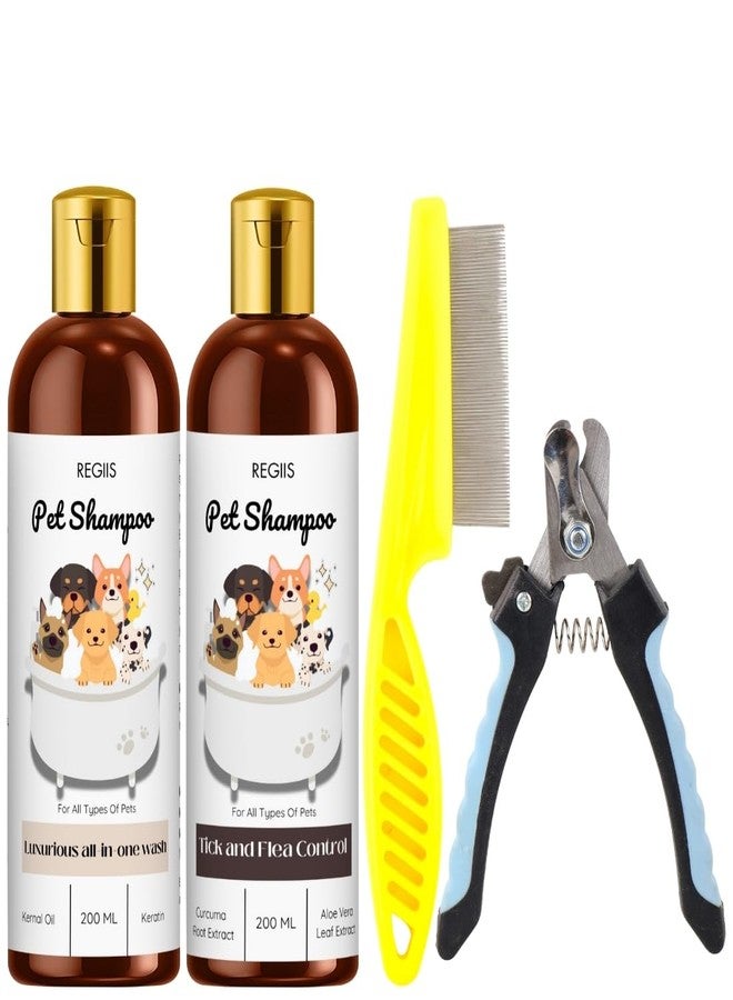 مجموعة شامبو الحيوانات الأليفة من ريجيس مع مكافحة القراد والبراغيث، وأدوات العناية، ومشط معدني، ومقص أظافر، وزجاجات سعة 200 مل، لجميع أنواع الحيوانات الأليفة (عبوة من 4 قطع) - Image 1